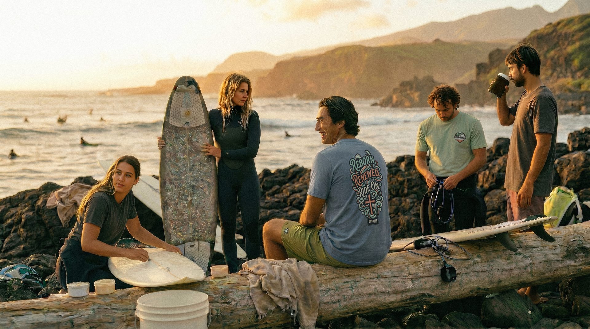 Kai and a group of friends wearing EverSince tees — community and faith